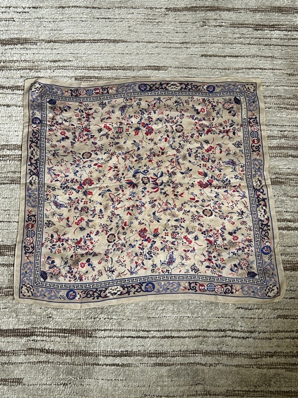 Oscar de la Renta Floral Silky Scarf in Ivory with Red & Blue Accents